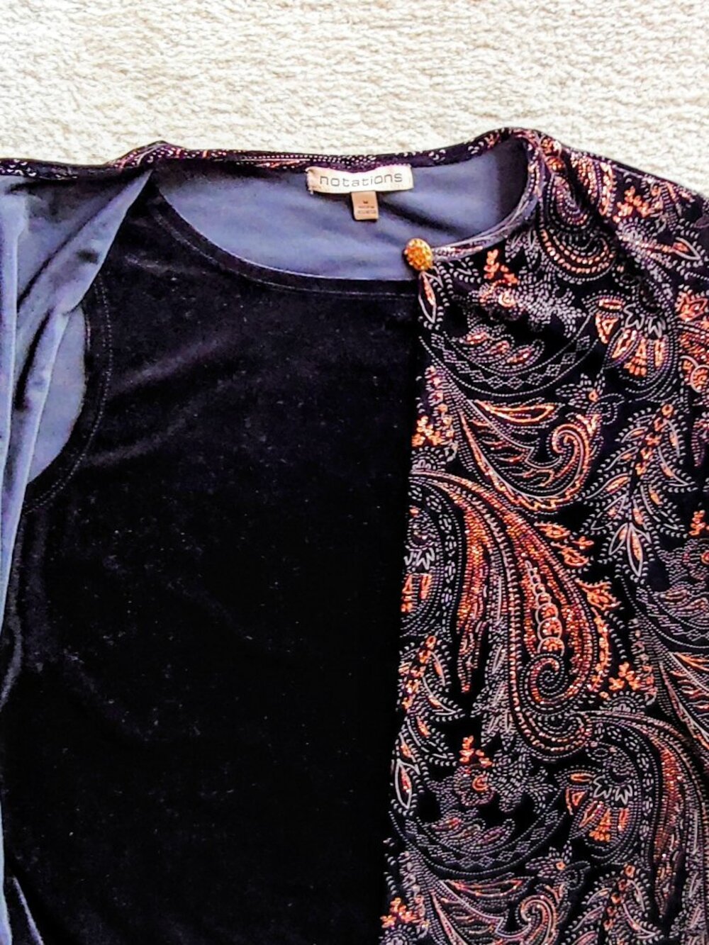 Notations Layered Black Velvet Top w/Attached Sparkle Jacket